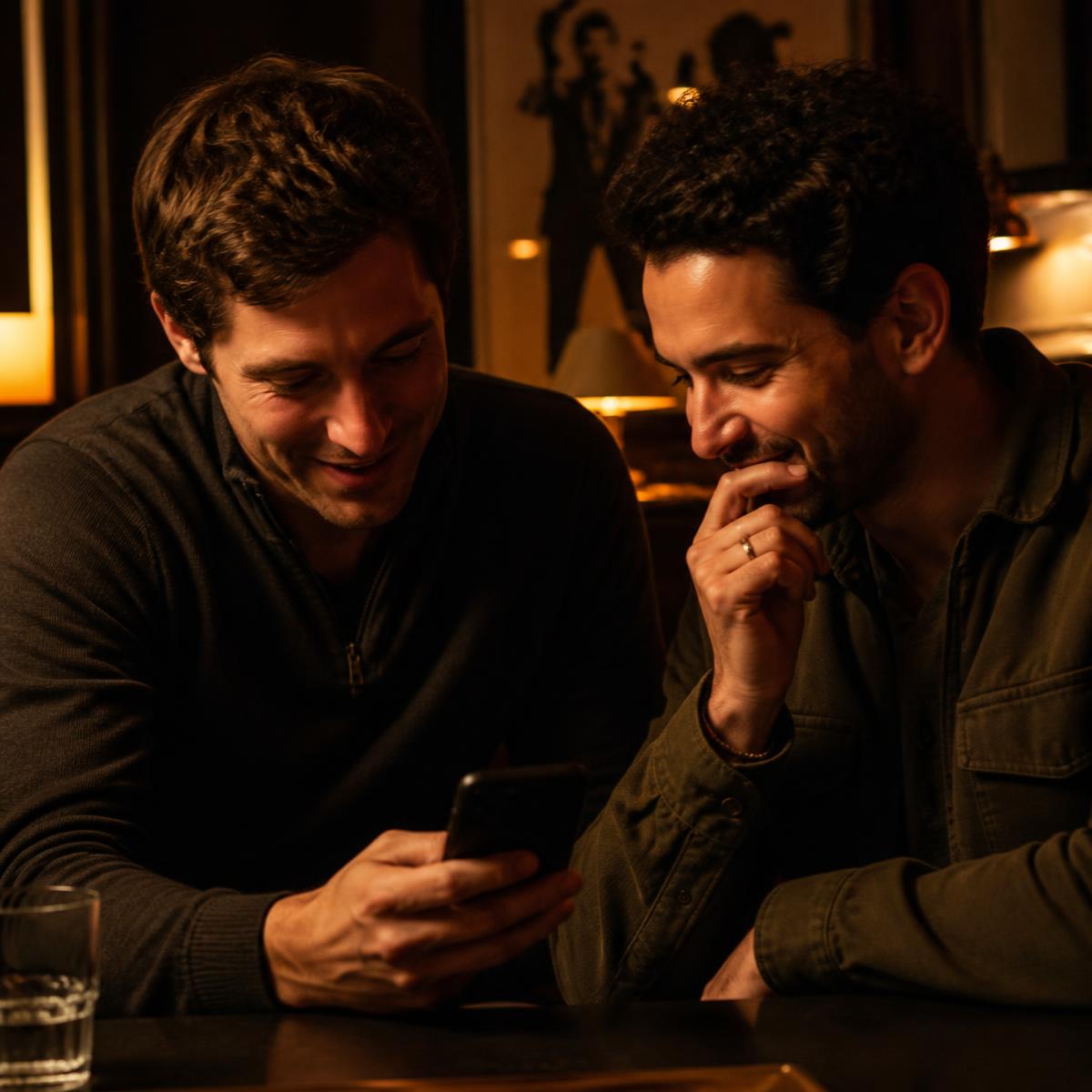 Two friends sharing a phone screen in a warm-lit lounge